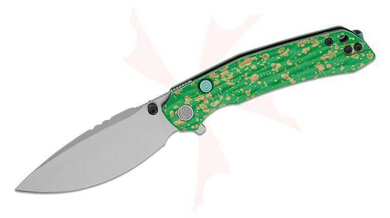 M Miguron Knives Celora Button Lock Flipper Knife 3.3 inch 19C27 Pearlescent Stonewash Drop Point Blade, Lacquered Green/Gold Textured Aluminum Handles