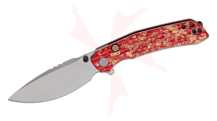 M Miguron Knives Celora Button Lock Flipper Knife 3.3 inch 19C27 Pearlescent Stonewash Drop Point Blade, Lacquered Red/Gold Textured Aluminum Handles