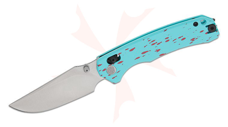 M Miguron Knives Thaly Crossbar Lock Folding Knife 3.11 inch D2 Satin Clip Point Blade, Splattered Blue Aluminum Handles