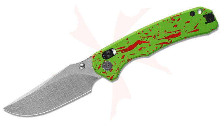 M Miguron Knives Thaly Crossbar Lock Folding Knife 3.11 inch D2 Satin Clip Point Blade, Splattered Green Aluminum Handles
