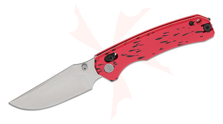 M Miguron Knives Thaly Crossbar Lock Folding Knife 3.11 inch D2 Satin Clip Point Blade, Splattered Red Aluminum Handles
