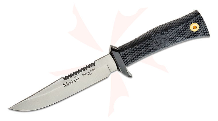 Muela 2512 Small Hunter Fixed Blade Knife, 4.625 inch 420A Straight Back Blade, Black Checkered Rubber Handles, Brown Leather sheath