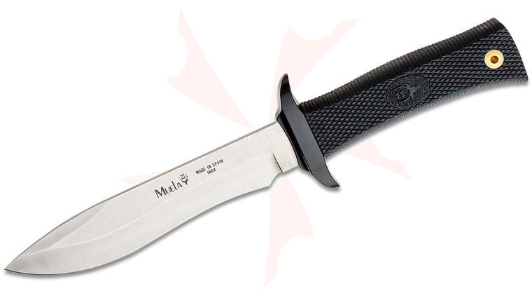 Muela 55-16 Hunter Fixed Blade 6 inch Satin Sawback Recurve Drop Point, Textured Black Rubber Handles, Leather Sheath