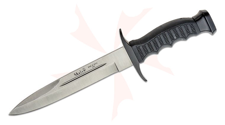 Muela 95-191 Bayonet Fixed Blade 7.5 inch Satin Blade, Black Grooved Rubber Handles with Black Metal Guard and Pommel, Leather sheath