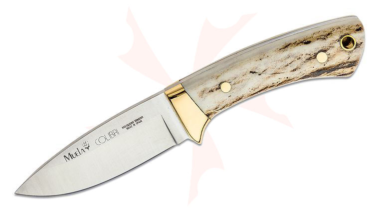 Muela COL-7A Mini Stag Skinner 2.75 inch 440c Satin Drop Point Blade, Stag Handles, Leather Sheath