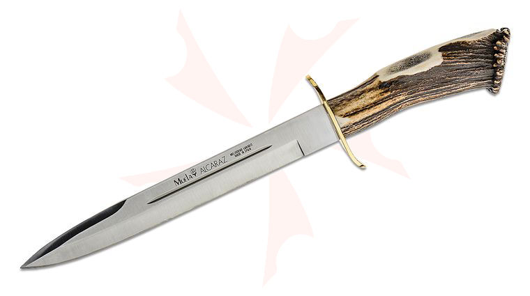 Muela ALCARAZ-26S Fixed Blade Knife 10 inch 440A Satin Bayonet Blade, Stag Handle, Brown Leather Sheath