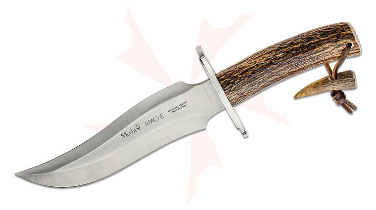 Muela Apache Tactical Skinner Knife 7.5 inch 440A Satin Bowie Blade, Stag Handle, Leather Sheath