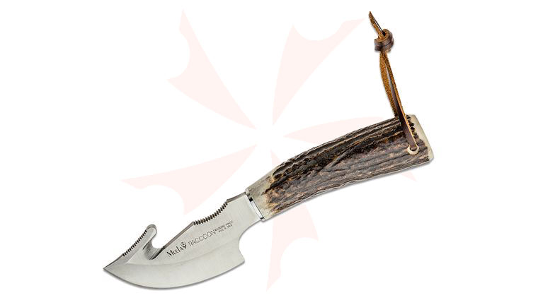 Muela Raccoon Gut Hook Skinner 3 inch Satin Blade, Stag Handle, Leather Sheath