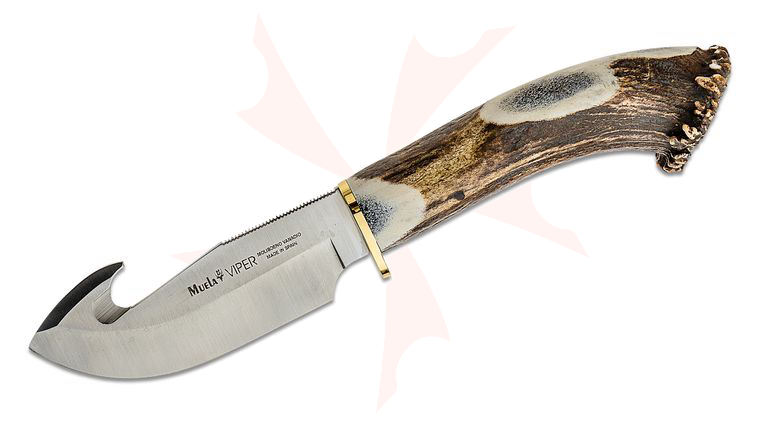 Muela VIPER-11S Gut Hook Fixed Blade, 4.5 inch Satin Blade, Stag Handle, Brown Leather Sheath