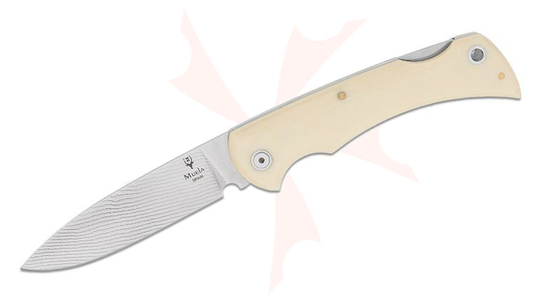 Muela BX-9W.DX Folding Knife 3.66 inch Damax Damascus Polished Drop Point Blade, Smooth White Micarta Handles