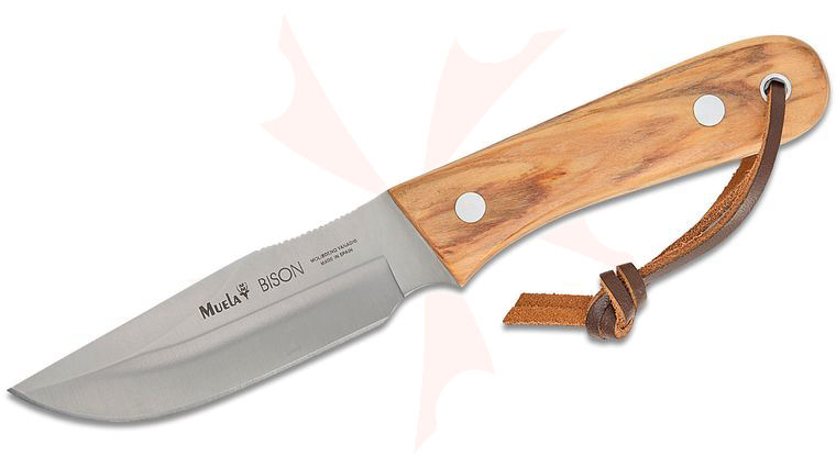 Muela Bison Olive Fixed Blade Knife 3.5 inch 4116 Satin Clip Point Blade, Olive Wood Handles, Leather Sheath