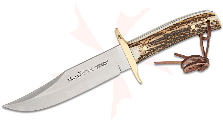 Muela Bowie Grande Fixed Blade Knife 6.3 inch 4116 Satin Bowie Blade, Stag Handles with Brass Double Guard, Leather Sheath