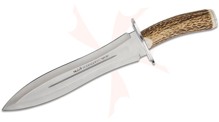 Muela Podenquero Fixed Blade Knife 10.55 inch 4116 Satin Double Edge Spear Point Blade, Stag Handles, Leather Sheath