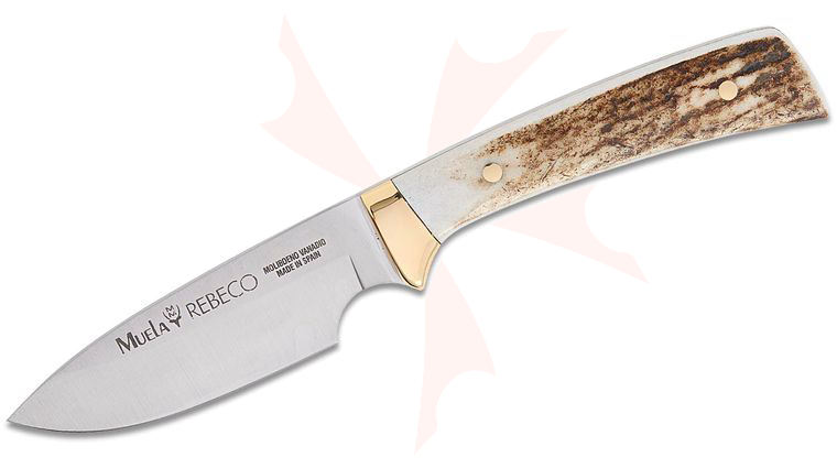 Muela Rebeco Fixed Blade Knife 3.54 inch MoVa Satin Drop Point Blade, Stag Handles with Nickel Brass Guard, Leather Sheath
