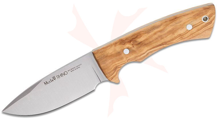 Muela Rhino-10.OL Fixed Blade Knife 3.98 inch MoVa Satin Drop Point Blade, Olive Wood Handles, Leather Sheath