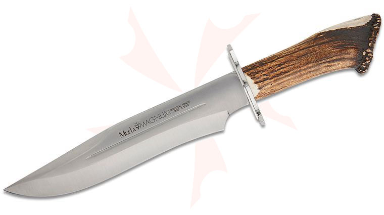 Muela Magnum Bowie 26 Fixed Blade Knife 10.24 inch MoVa Satin Recurve Bowie Blade, Genuine Stag Handles, Leather Sheath