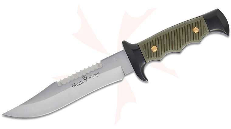 Muela Alce Fixed Blade Knife 6.14 inch Nitro-42 Satin Sawback Clip Point Blade, Black Zamak Handles with Green ABS Scales, Black ABS Sheath