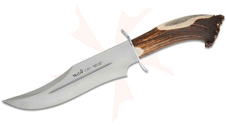 Muela Lobo 23-S Fixed Blade Knife 9.06 inch MoVa Satin Recurve Bowie Blade, Genuine Stag Handles, Leather Sheath