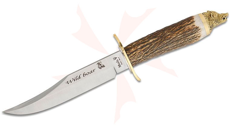 Muela Wildboar Stag Fixed Blade Knife 6.18 inch 4116 Satin Bowie Blade, Genuine Stag Horn Handles with Decorative Pommel, Leather Sheath and Collector's Box
