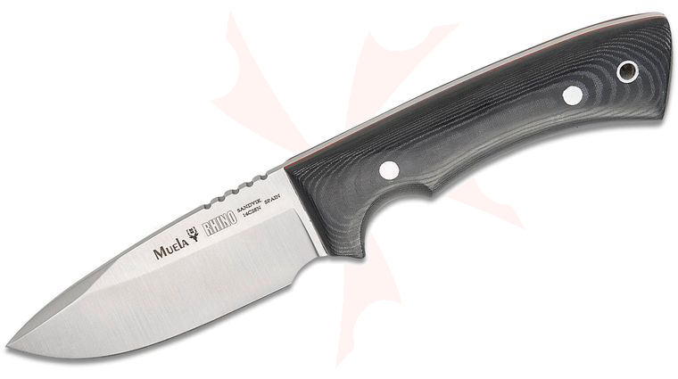 Muela Rhino-9M Fixed Blade Knife 3.54 inch Sandvik 14C28N Satin Drop Point Blade, Black Micarta Handles, Black Leather Sheath