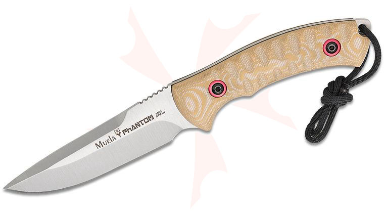 Muela Phantom-12D/K Fixed Blade Knife 4.57 inch X50CrMoV15 Satin Drop Point Blade, Sand Brown Micarta Handles, Tan Kydex Sheath