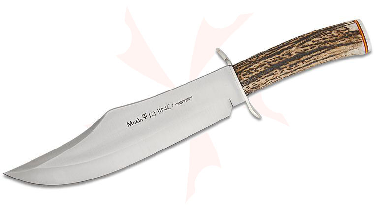Muela Rhino-25A Fixed Blade Knife 9.72 inch X50CrMoV15 Satin Bowie Blade, Genuine Stag Handles, Leather Sheath