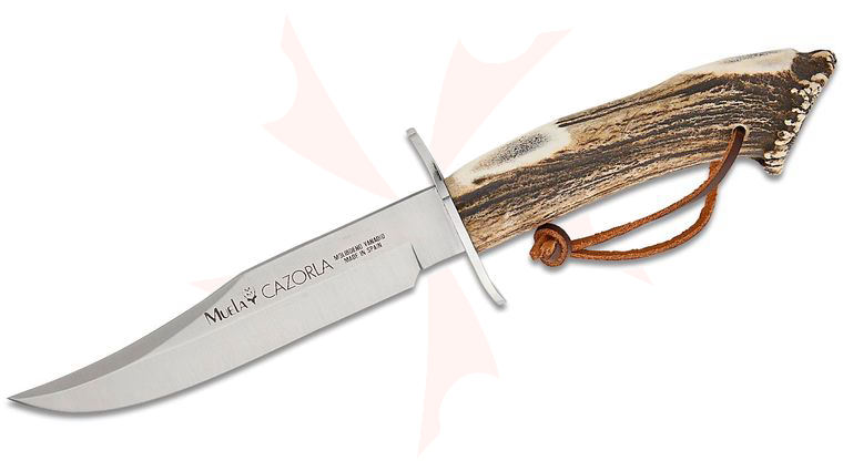 Muela Cazorla-16 Fixed Blade Knife 6.18 inch X50CrMoV15 Satin Bowie Blade, Crown Red Deer Stag Horn Handle, Leather Sheath