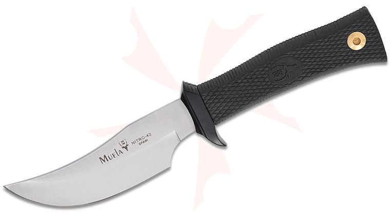 Muela PIK-AS Fixed Blade Knife 3.58 inch Nitro-42 Satin Trailing Point Blade, Black Rubberized Zamak Handles, Black Leather Sheath