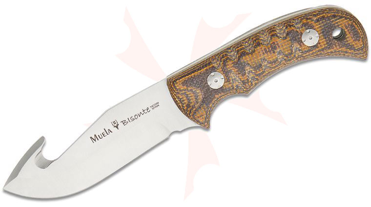 Muela Bisonte-11J Fixed Blade Knife 4.53 inch 14C28N Satin Gut Hook Skinner Blade, Brown Jute Micarta Handles, Leather Sheath