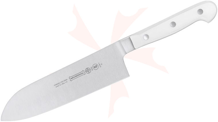 Mundial 7 inch Santoku Knife, White Polyacetal Handles Made in Brazil