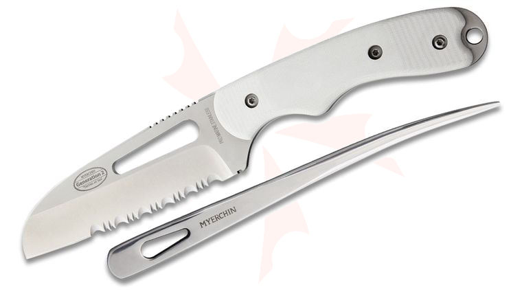 Myerchin A100P Offshore System Fixed 3.88 inch Combo Sheepsfoot Blade and 7 inch Marlin Spike, White G10 Handles, Black Leather Belt Sheath