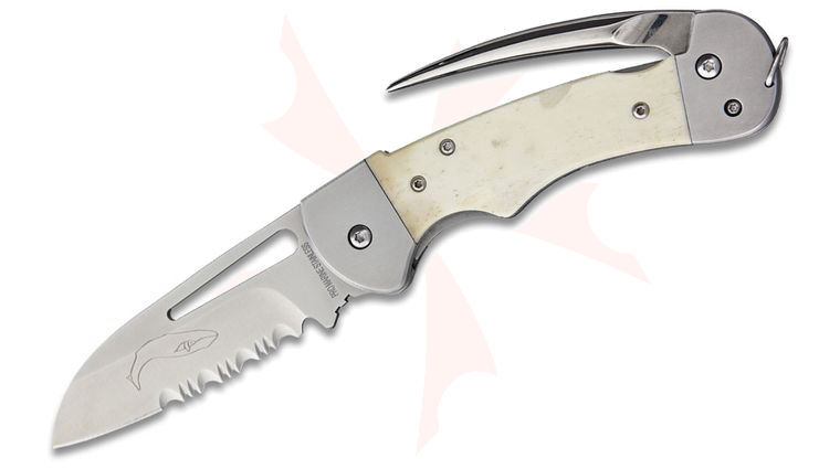 Myerchin AF300P Generation 2 Captain Pro Rigging Knife 3.25 inch Combo Sheepsfoot Blade, White Bone Handles
