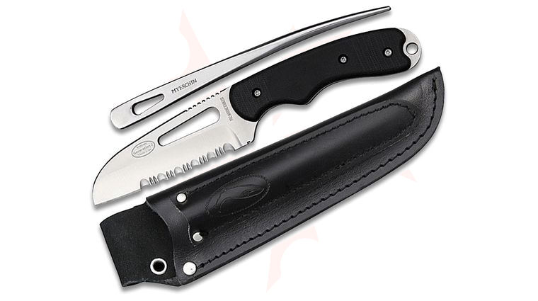 Myerchin B100P Offshore System Fixed 3.88 inch Combo Sheepsfoot Blade and 7 inch Marlin Spike, Black G10 Handles, Black Leather Belt Sheath