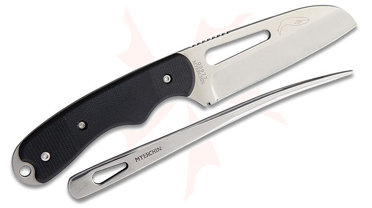 Myerchin B100 Offshore System Fixed 3.88 inch Sheepsfoot Blade and 7 inch Marlin Spike, Black G10 Handles, Black Leather Belt Sheath