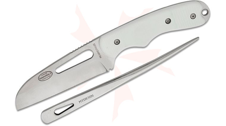 Myerchin A100 Offshore System Fixed 3.88 inch Sheepsfoot Blade and 7 inch Marlin Spike, White G10 Handles, Black Leather Belt Sheath