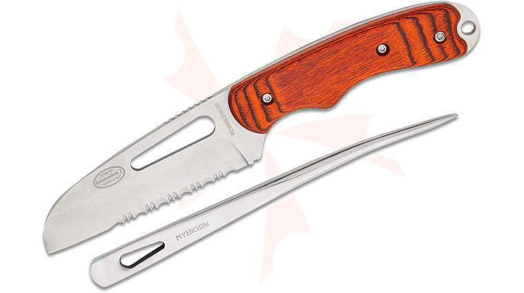Myerchin W100P Offshore System Fixed 3.88 inch Combo Sheepsfoot Blade and 7 inch Marlin Spike, Wooden Handles, Black Leather Belt Sheath