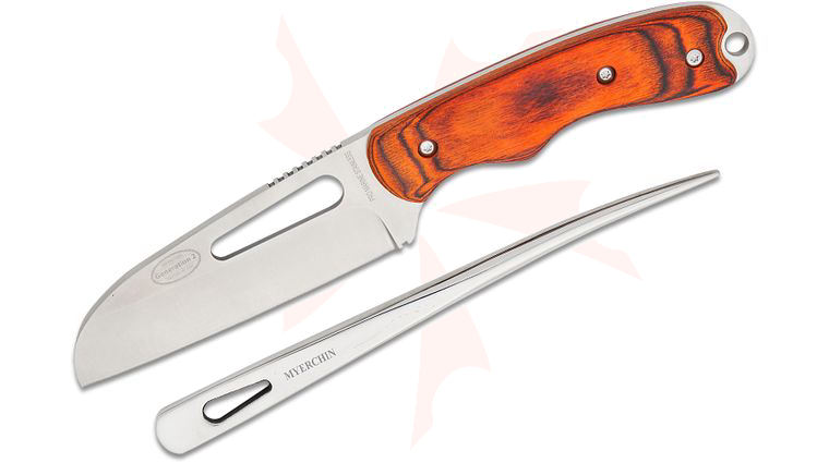 Myerchin W100 Offshore System Fixed 3.88 inch Sheepsfoot Blade and 7 inch Marlin Spike, Wooden Handles, Black Leather Belt Sheath