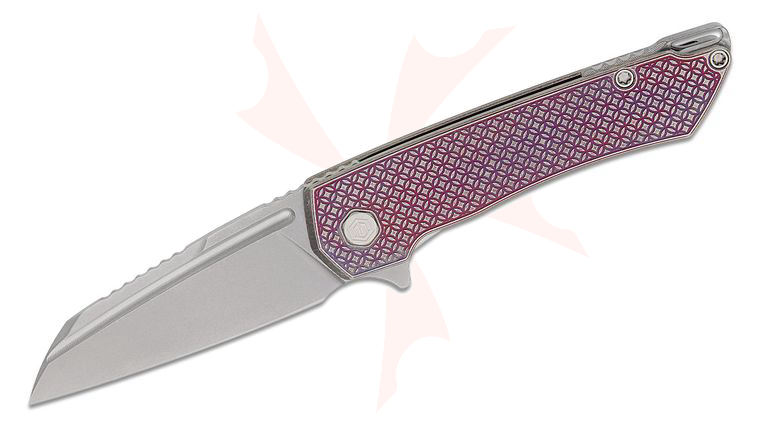 MachineWise Custom Mojave #1500 Frame Lock Flipper Knife 3.45 inch S90V Stonewashed Modified Sheepsfoot Blade, Purple Mosaic Textured Titanium Handles