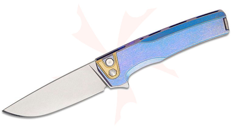 MachineWise Custom Sonora #1908 Integral Button Lock Flipper Knife 3.35 inch CPM-S90V Stonewashed Drop Point Blade, Blurple Smooth Single-Piece Titanium Handle with Brass Bolster