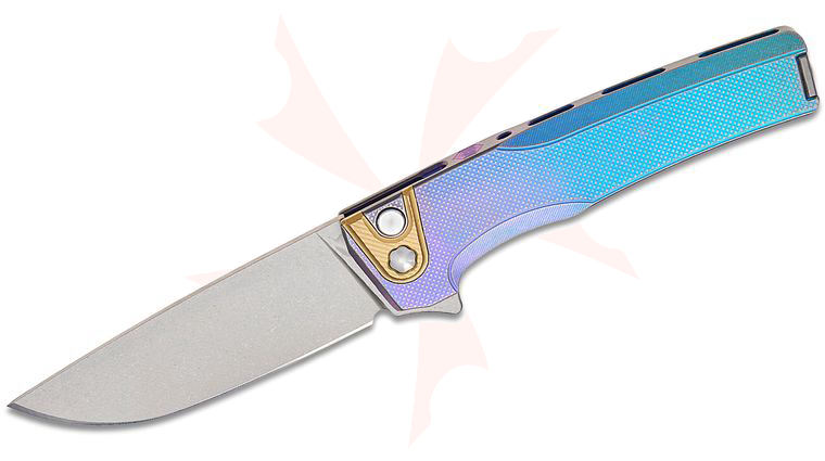 MachineWise Custom Sonora #2007 Integral Button Lock Flipper Knife 3.35 inch CPM-S90V Lightwashed Drop Point Blade, Purple to Blue Fade Diamonds Textured Single-Piece Titanium Handle with Brass Bolster
