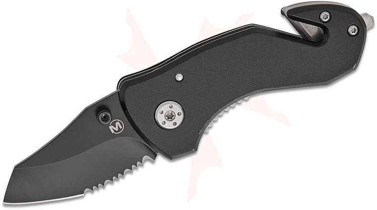 Boker Magnum Black Rescue Folding Knife 2.09 inch 440 Combo Reverse Tanto Blade, Black Aluminum Handles