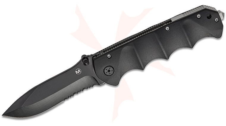 Boker Magnum Black Spear Folding Knife 3.94 inch Black Recurve Blade, Black Aluminum Handles