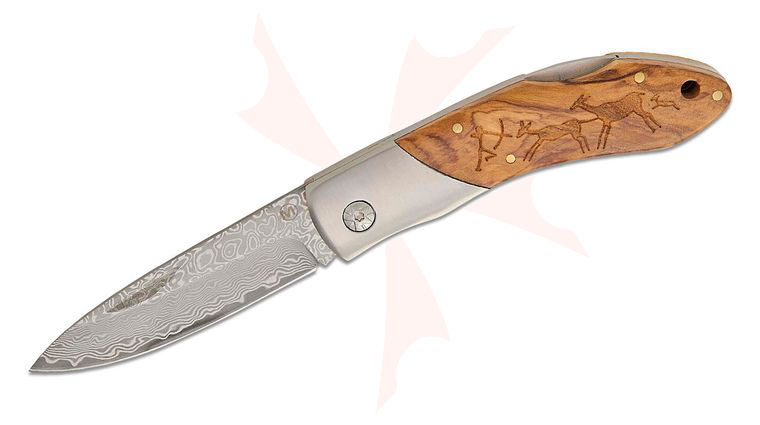 Boker Magnum Caveman Pocket Knife 3.23 inch Damascus Drop Point Blade, Cave Painting Engraved Wood Handles, Nylon Pouch
