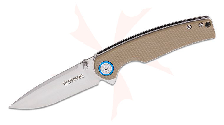 Boker Magnum Rekin Flipper Knife 3.19 inch 440A Satin Drop Point Blade, Brown G10 Handles