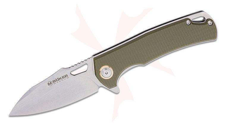 Boker Magnum Skeksis Flipper Knife 3.27 inch 440 Satin Harpoon Point Blade, OD Green G10 Handles