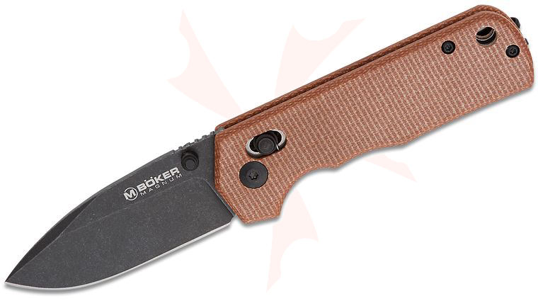 Boker Magnum Rockstub Crossbar Lock Folding Knife 2.64 inch 440B Black Stonewashed Drop Point Blade, Brown Micarta Handles