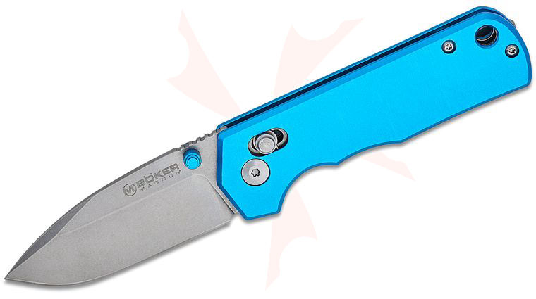 Boker Magnum Rockstub Crossbar Lock Folding Knife 2.64 inch 440B Stonewashed Drop Point Blade, Blue Elox Aluminum Handles