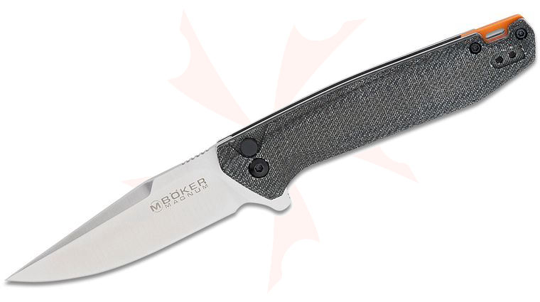 Boker Magnum Border Forest Button Lock Folding Knife 3.39 inch 440A Satin Clip Point Blade, Black Canvas Micarta Handles