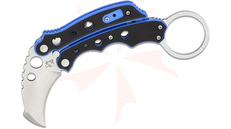Mantis MK-4B Vuja De Balisong-Style Karambit Crossover Knife 2 inch Blade, Blue/Black G10 Handles
