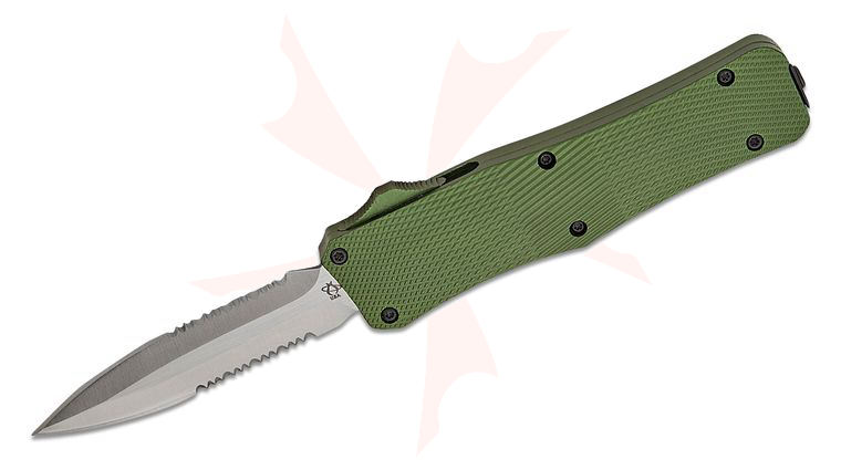 Mantis 816 AUTO OTF Knife 3.25 inch 440C Satin Combo Double Edge Dagger Blade, OD Green Milled Aluminum Handles